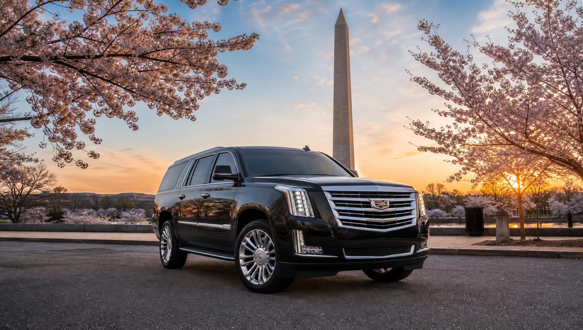Luxury SUV at the Washington Monument during cherry blossoms